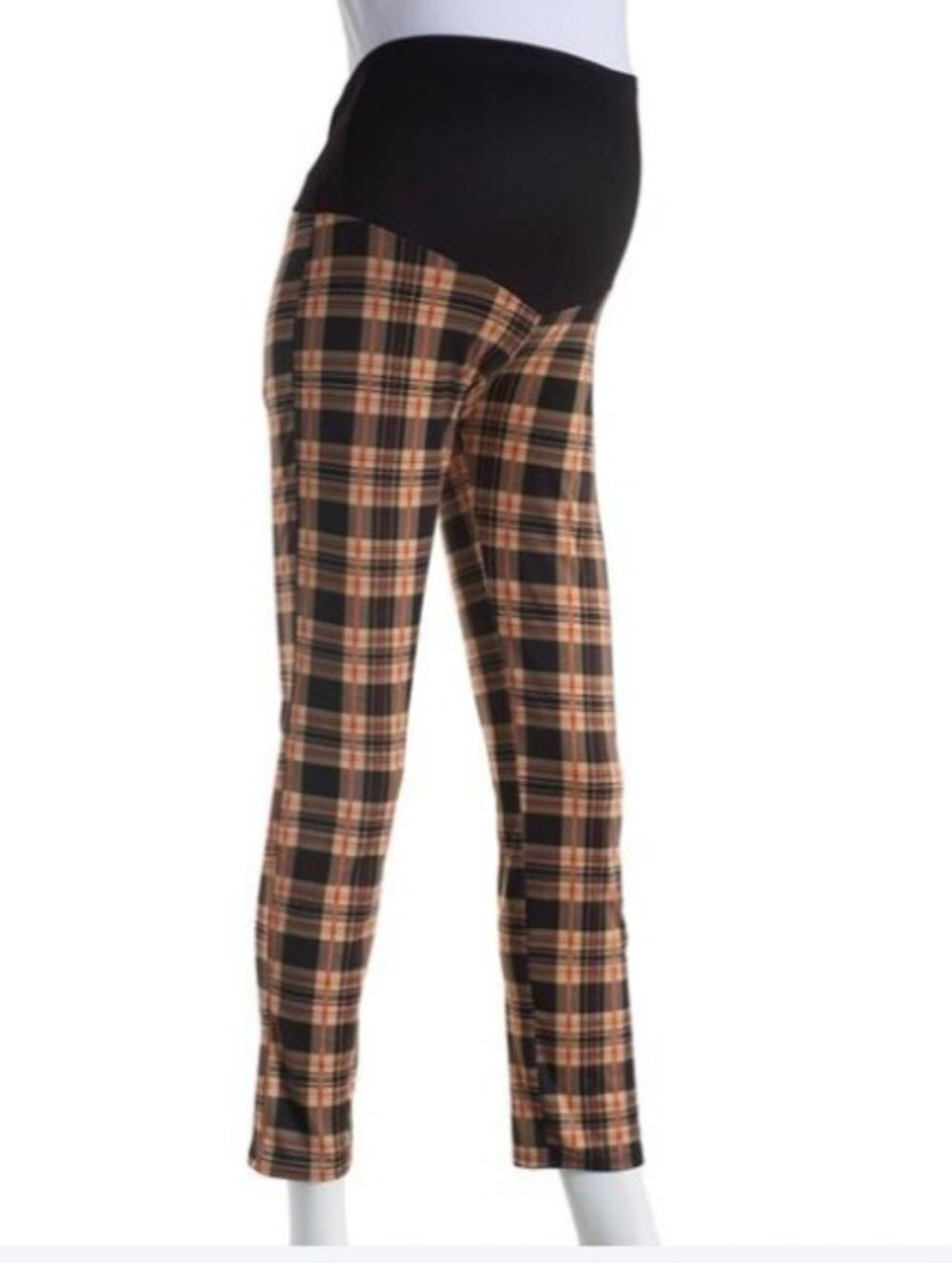 Due Time Maternity Over the Belly Elastic Waist Leggings Taupe Rust Plaid